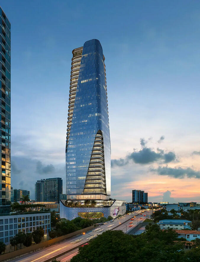 Exterior view of Seven Park Residences in Hallandale-Hollywood, a modern luxury residential building with elegant architectural design.