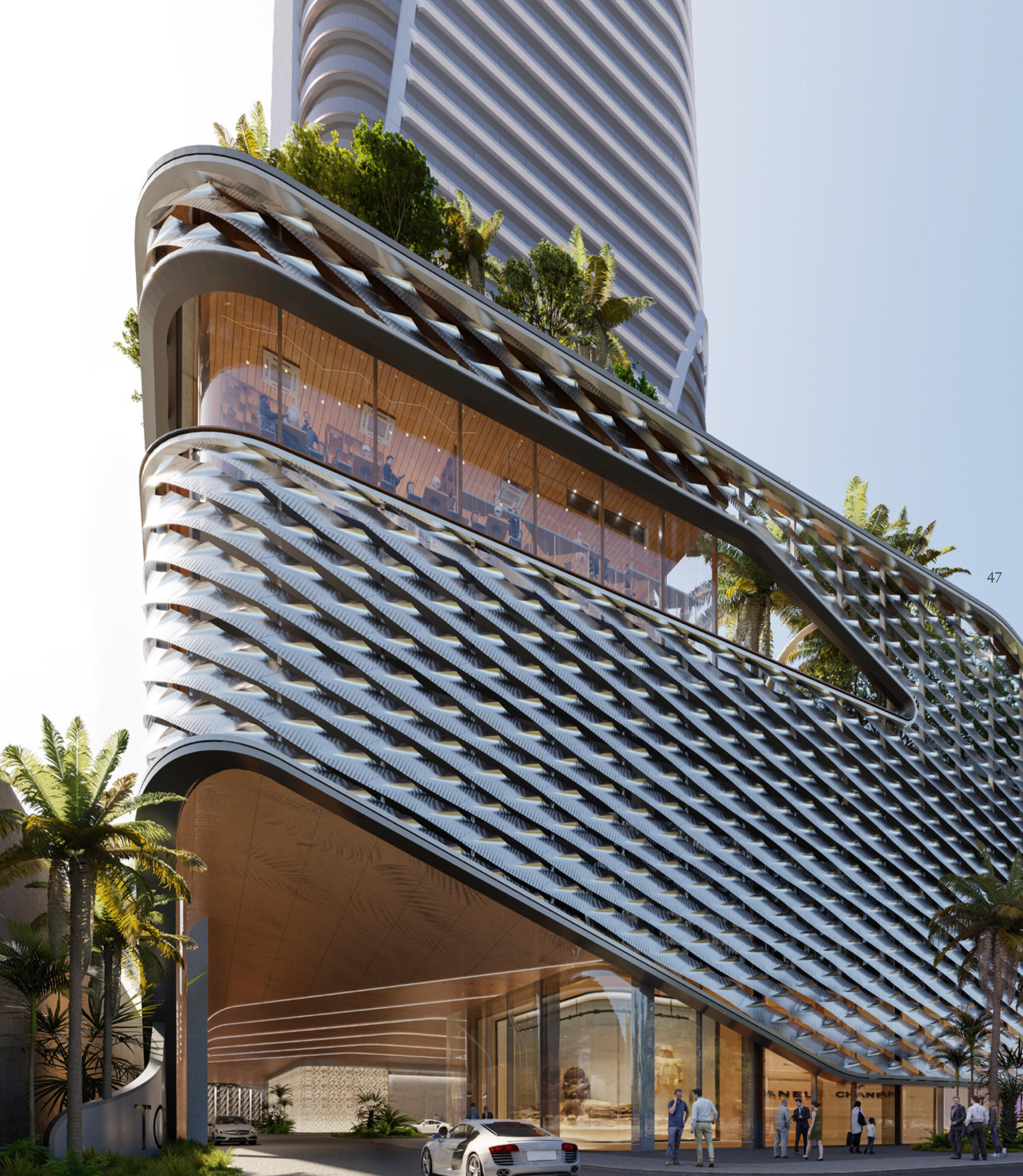Contemporary facade of Seven Park Residences in Hallandale-Hollywood, featuring sleek lines and luxury residential style.